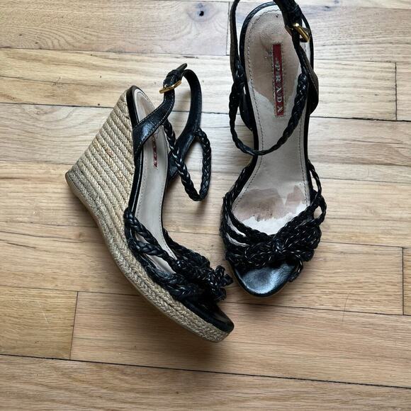 Prada Women's 35 US 5 Leather Braided Espadrilles Black Strappy Sandals Luxury - Picture 4 of 16